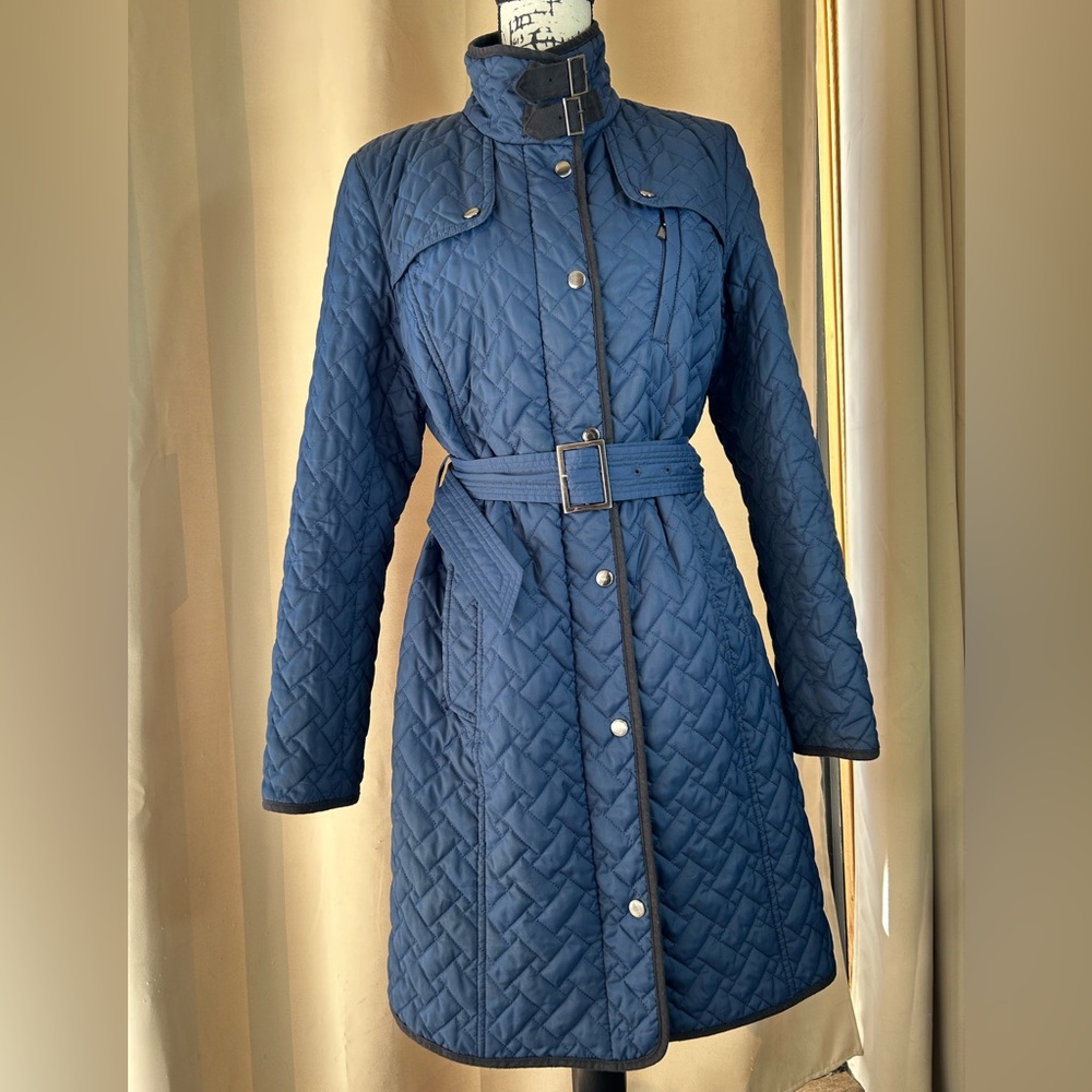 Cole Haan Navy Quilted Belted Trench Coat